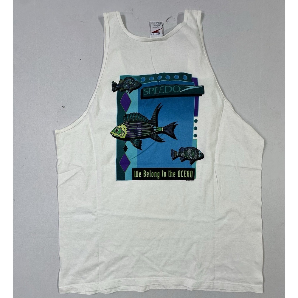 Vintage 1996 Speedo Tank Top XL USA Fish Graphic "We Belong to the Ocean" Rare